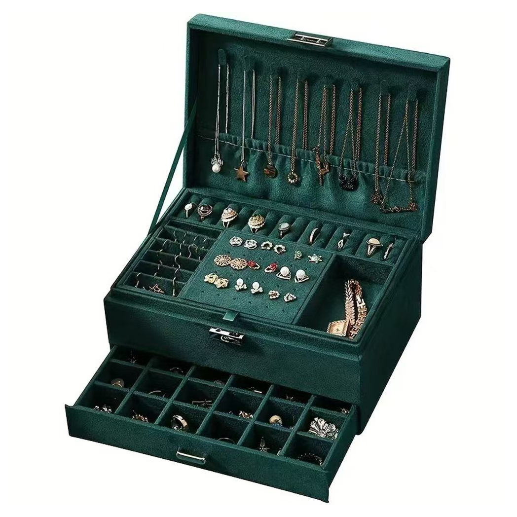 1pc Green 3-Layers Jewelry Box, Large PU Leather Finish Storage Drawer Cabinet, Jewelry, Earrings, Necklace, Bracelet, Ring, Ornaments, Adorn Article, Small Item Organizer Box Art Supplies