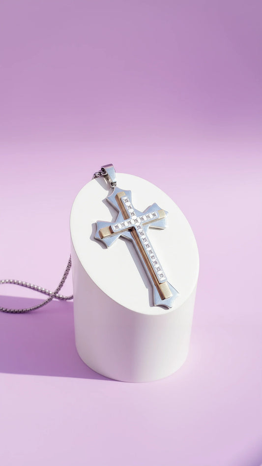 Two Tone Alloy Crystal Cross Necklace