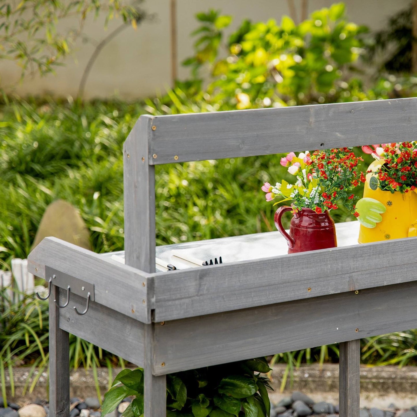 Garden Potting Table Wooden Workstation w/ Metal Tabletop