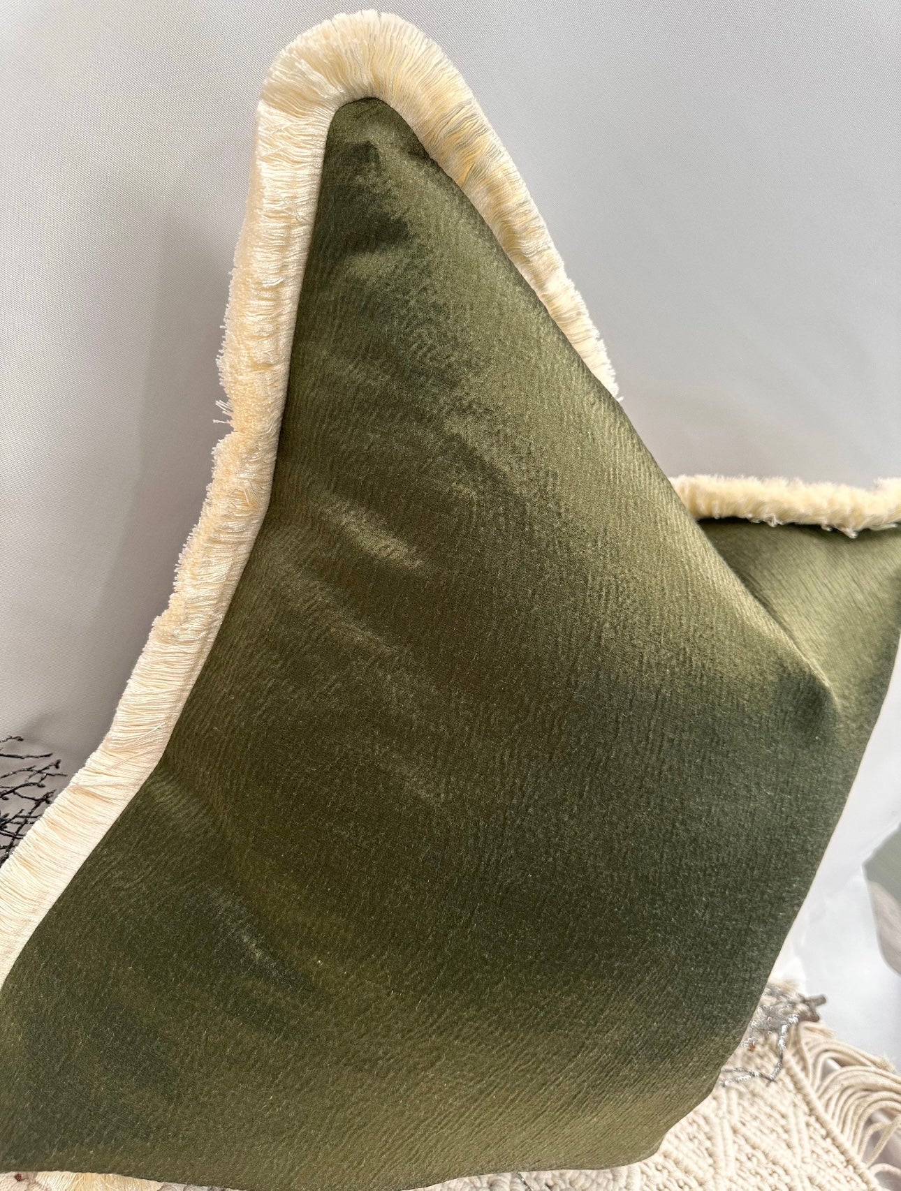 The Couture Cushion - The Everest Green Laurent Fringed In Ivory - Style No. 24