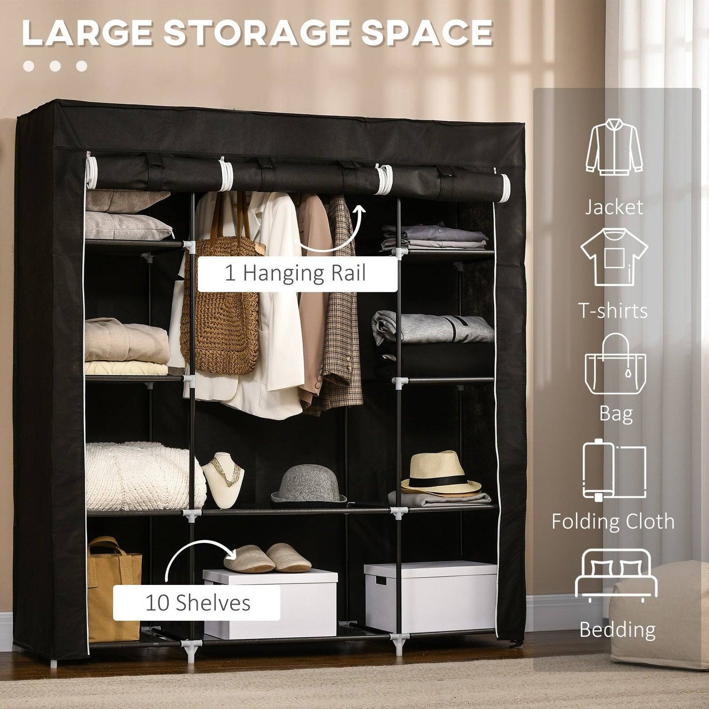 Fabric Wardrobe Portable Wardrobe With 10 Shelves 1 Hanging Rail Foldable Closets 150 X 43 X 162.5 cm Black