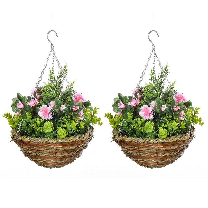 Pack Of 2 Artificial Lisianthus Flowers Hanging Planter With Basket For Indoor Outdoor Decoration