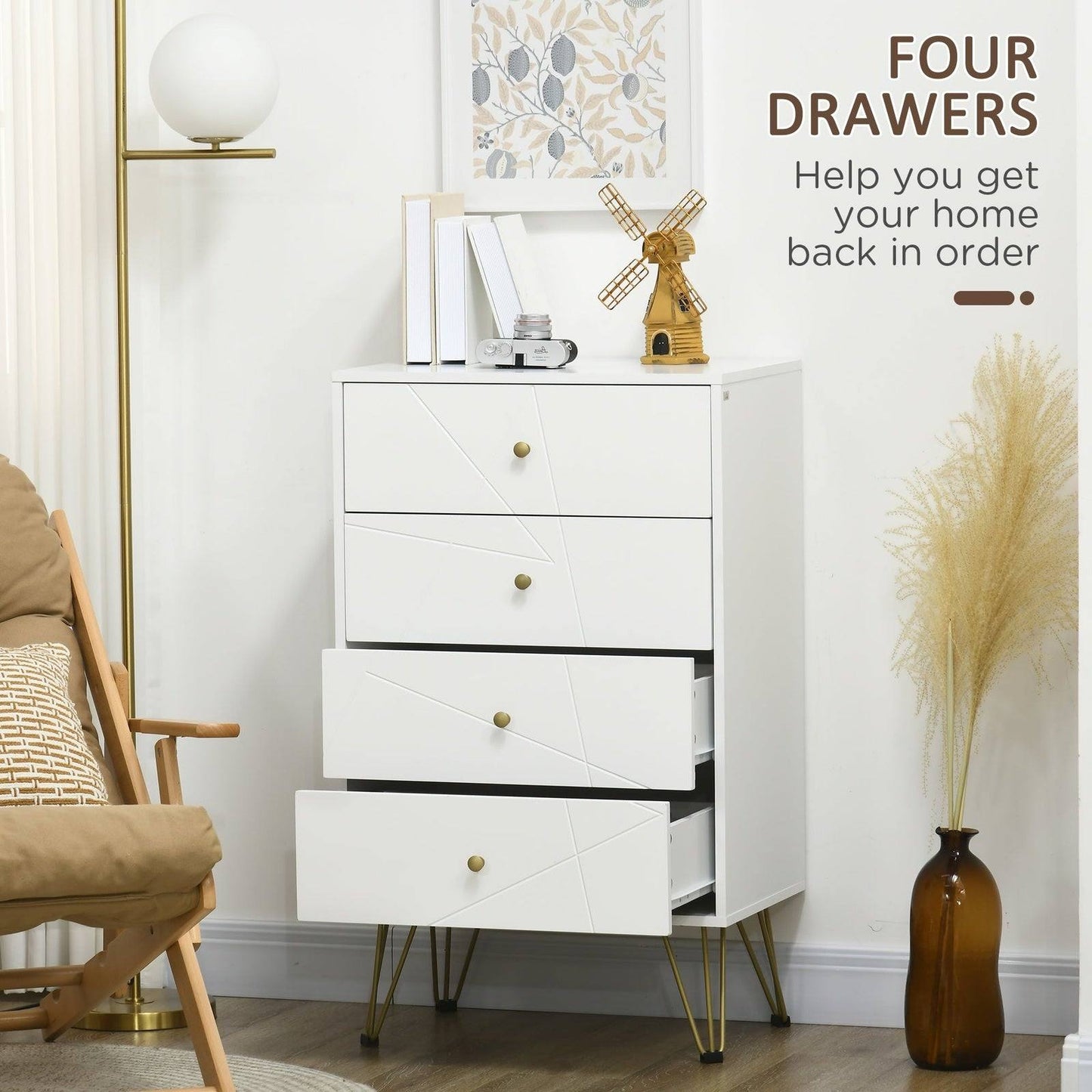 Tall Chest Of Drawers 4-Drawer Dresser For Bedroom Modern Storage Cabinets With Hairpin Legs White