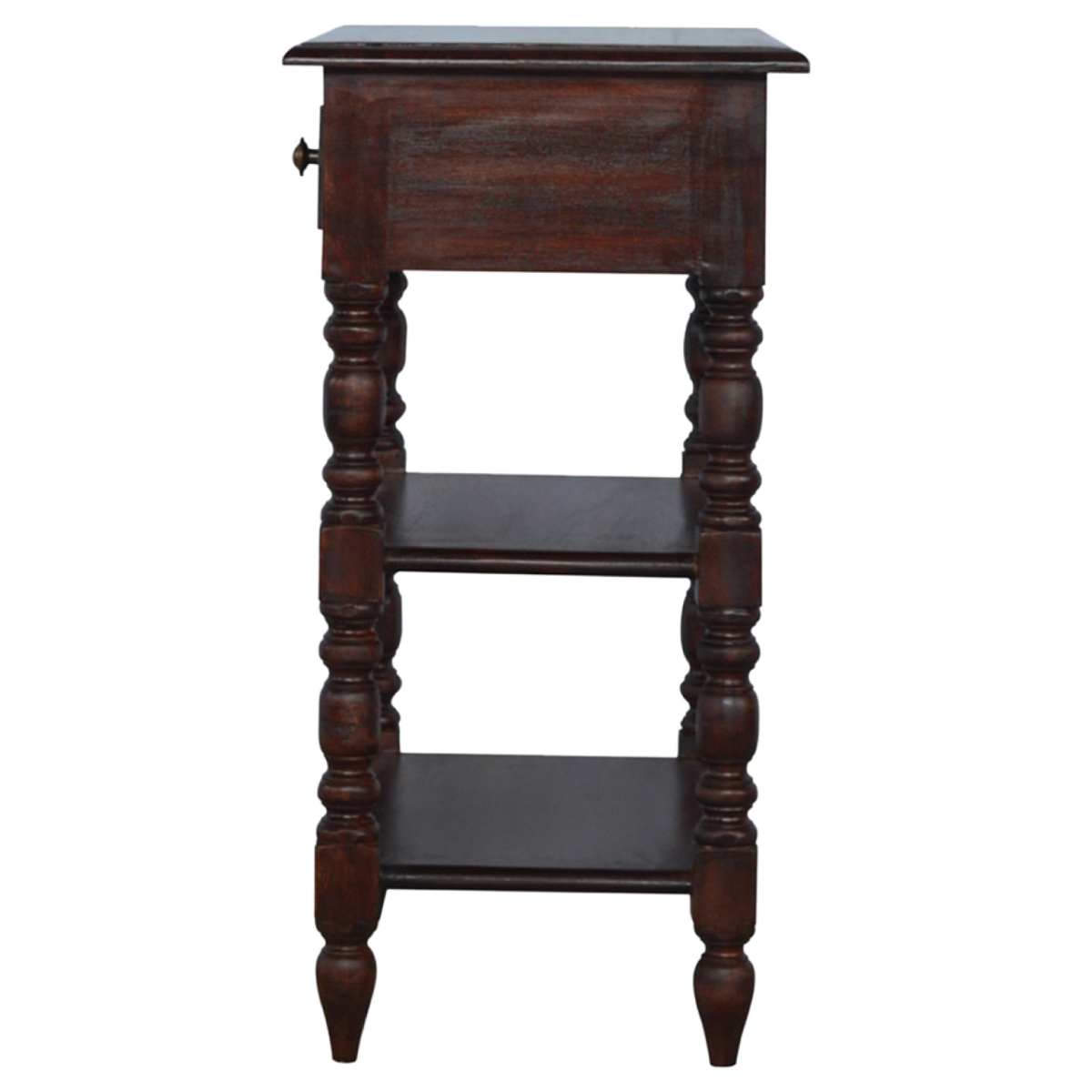 Artisan Furniture Solid Wood Turned Occasional Table, 1 Drawer and 2 Shelves, Dark Brown