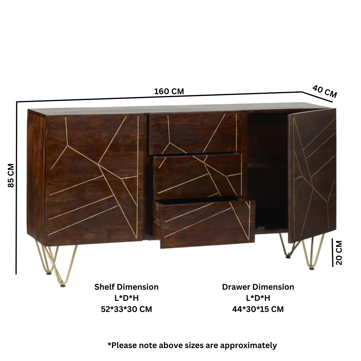 Dark Gold Extra Large Sideboard 3 Drawers And 2 Doors