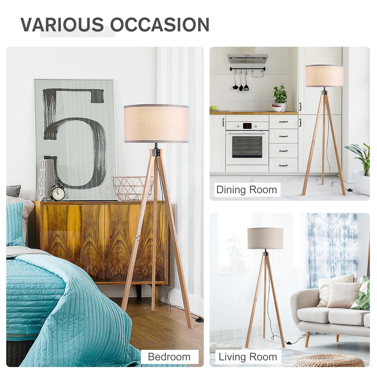 5Ft Elegant Wood Tripod Floor Lamp Free Standing E27 Bulb Lamp Versatile Use For Home Office - Beige