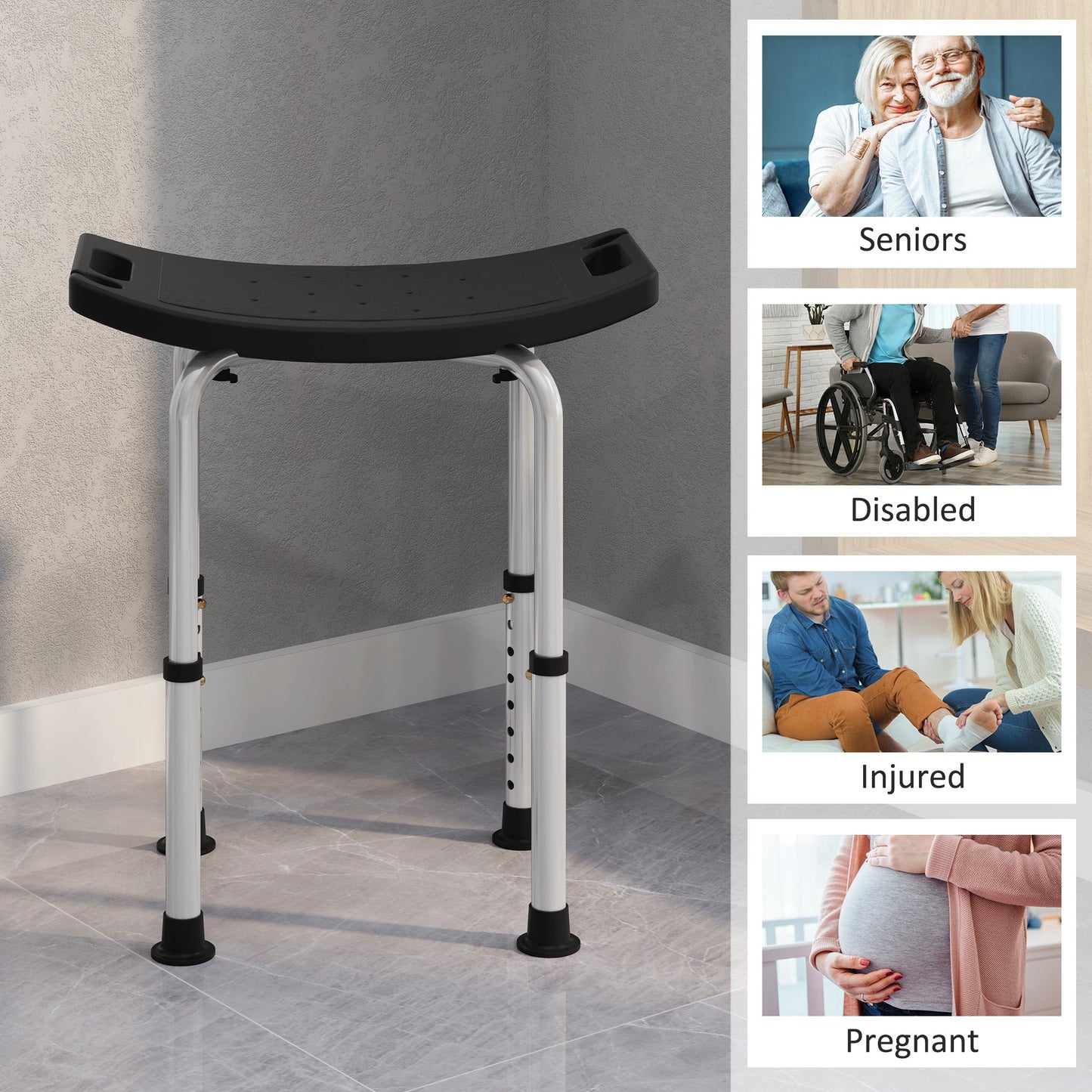 HOMCOM Aluminium Shower Stool w/ Adjustable Height Non-Slip Bath Stool Black