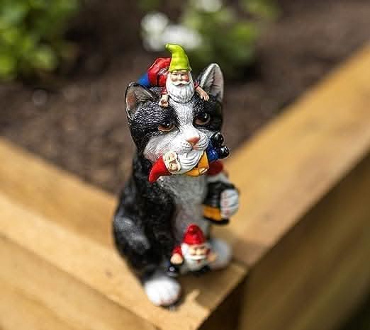 Resin Gnome Eating Colourful Cat Ornament