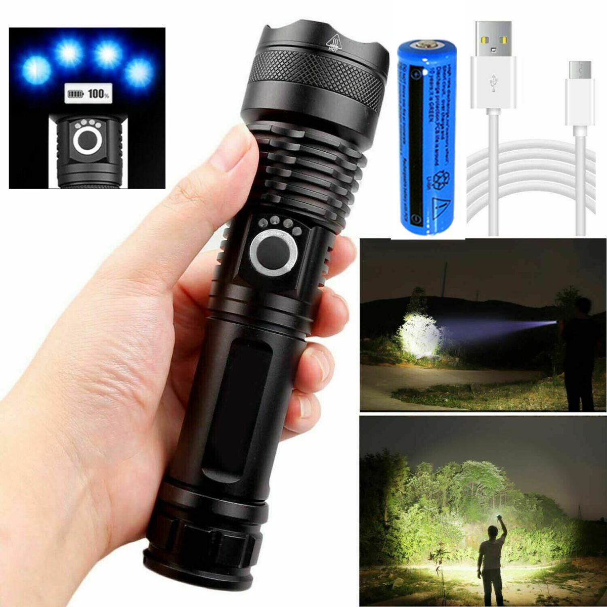 One Set USB Rechargeable LED Flashlight 5-Mode Outdoor Camping Hiking Flashlight W/Box