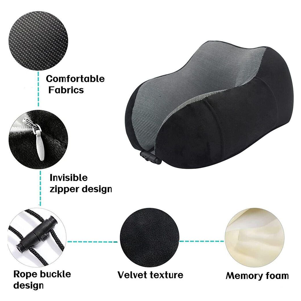 Memory Foam Travel Pillow Neck Support Cushion Without Carry Bag Ear Plugs Mask