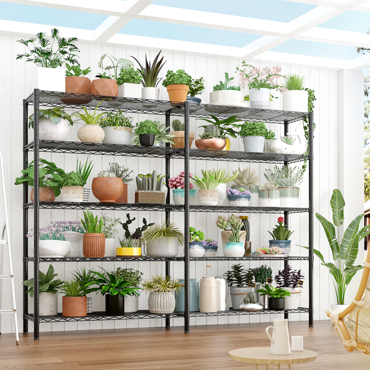 5-layer double row, freely adjustable layer spacing, with adjustable feet, display stand, iron, 177*40*180cm, powder-coated black