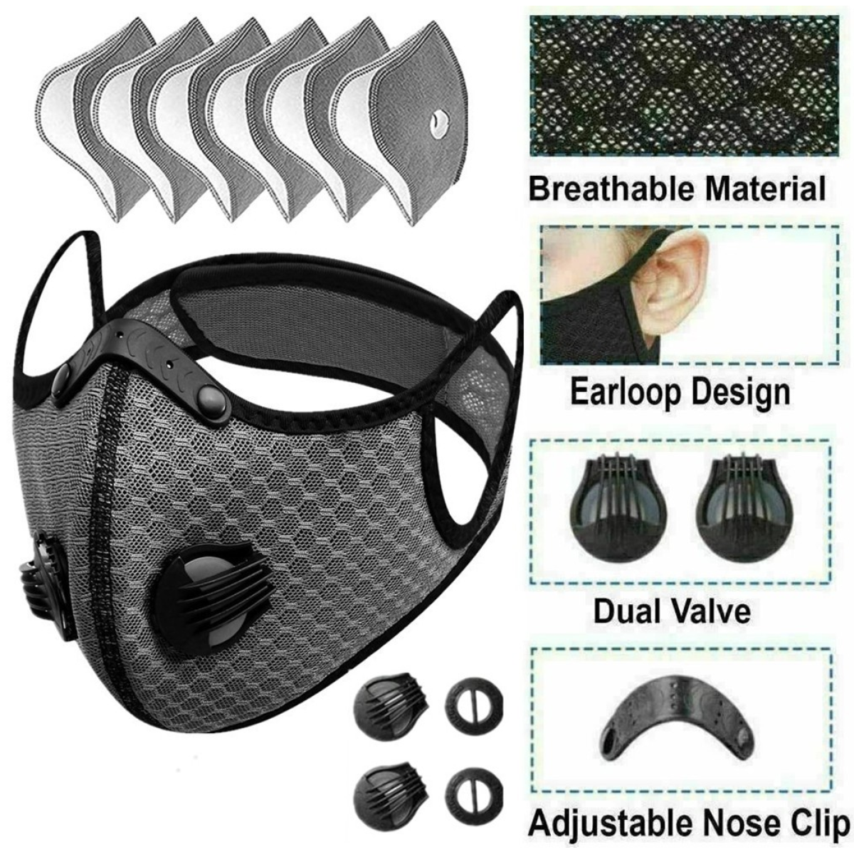 (2 Pack)Reusable Half Face Cover Mask w/ Filter Cycling Outdoor Sport Face Mask Grey