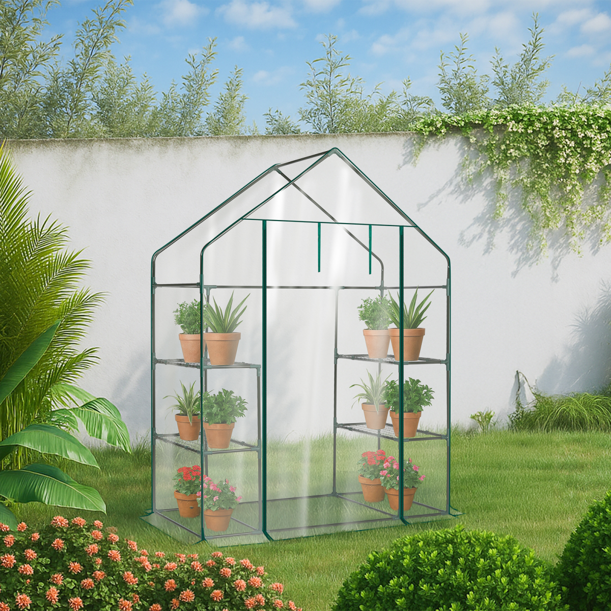 Mini Walk-in Greenhouse with PVC Cover, 4-Shelf Indoor Outdoor Plant Gardening Green House for Garden Backyard, 56" x 29" x 77", Transparent