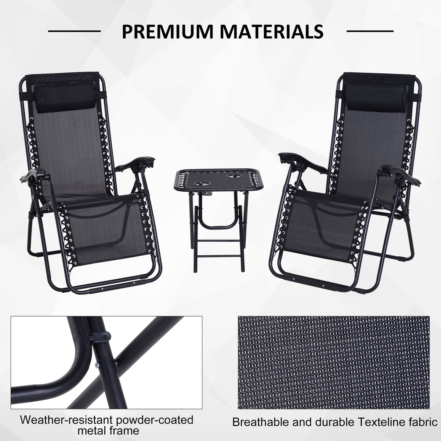 3-Piece Folding Zero Gravity Chairs Sun Lounger Table Set w/ Cup Holders Reclining Garden Yard Pool
