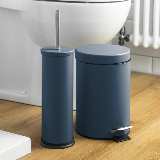 Matt Blue Round Stainless Steel Toilet Brush & Bin Set