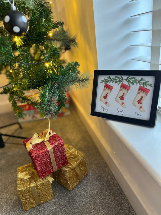 Personalised Christmas Stocking Names Winter Christmas Seasonal Wall Home Decor Print - Upto 6 Stockings