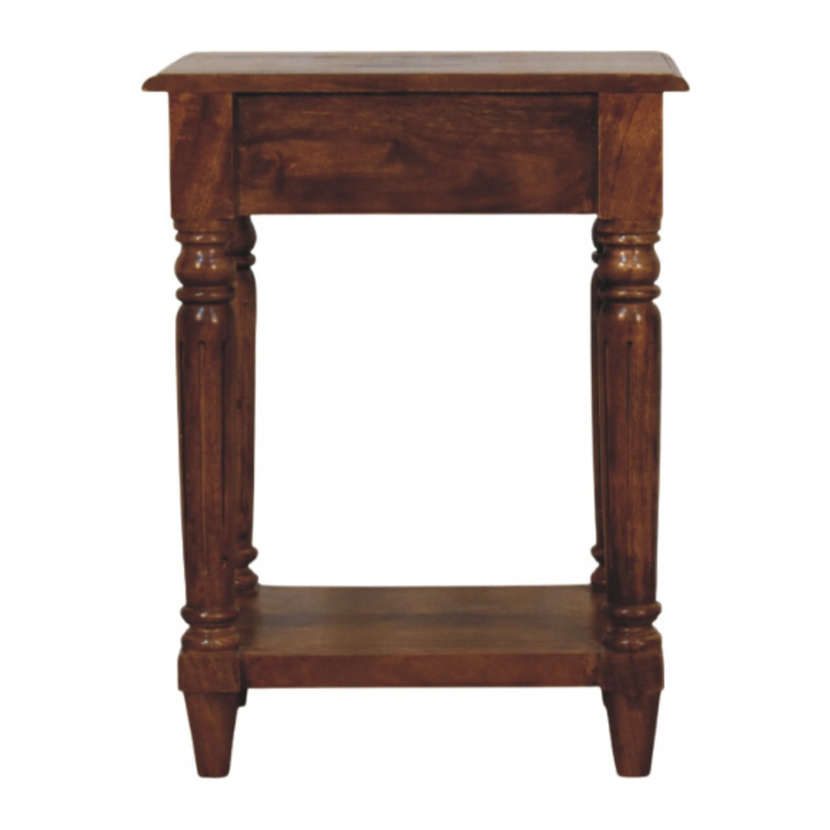 Artisan Furniture Solid Wood Turned Legs Chestnut Side Table, 1 Drawer and 1 Lower Shelf, Dark Brown