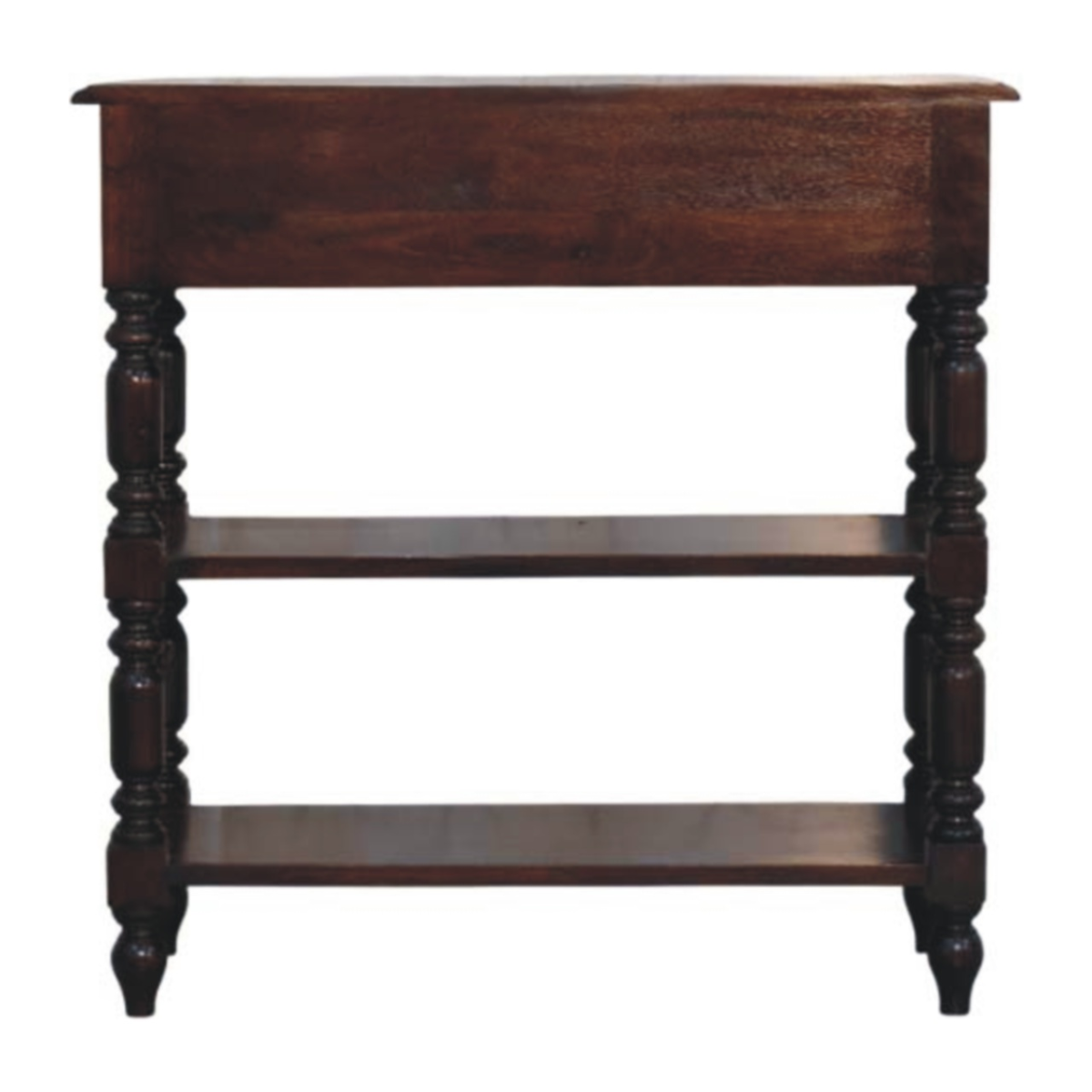 Artisan Furniture Solid Wood Turned legs Cherry Side Table, 2 Drawers, 2 Shelves, Dark Brown