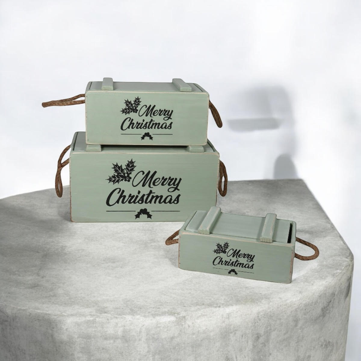 S/3 RUSTIC GREEN CRATES WITH LIDS ROPE HAN