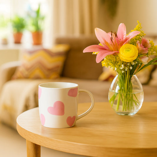350ml White & Pink Hearts Simply Home Stoneware Mugs - Pack of Six
