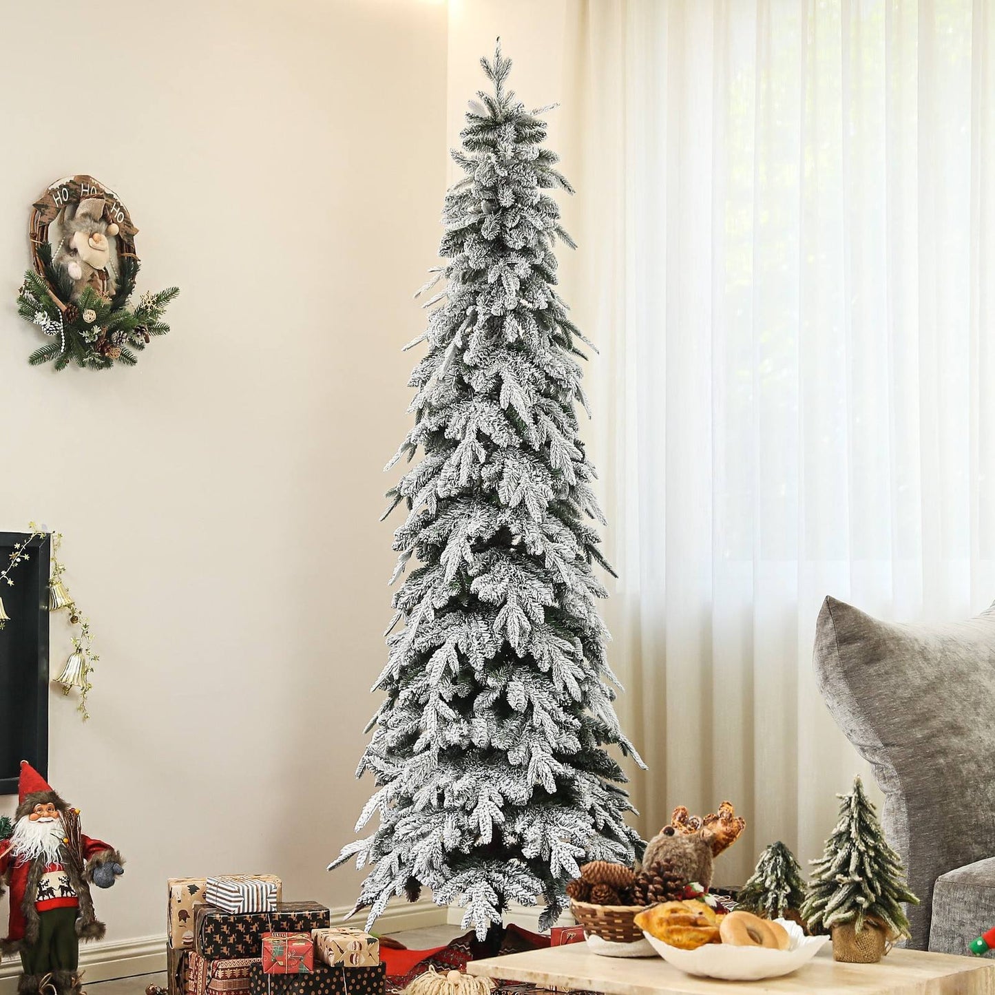 7ft Slim Christmas Tree Artificial - White Frosted Green Slim 800 Tips