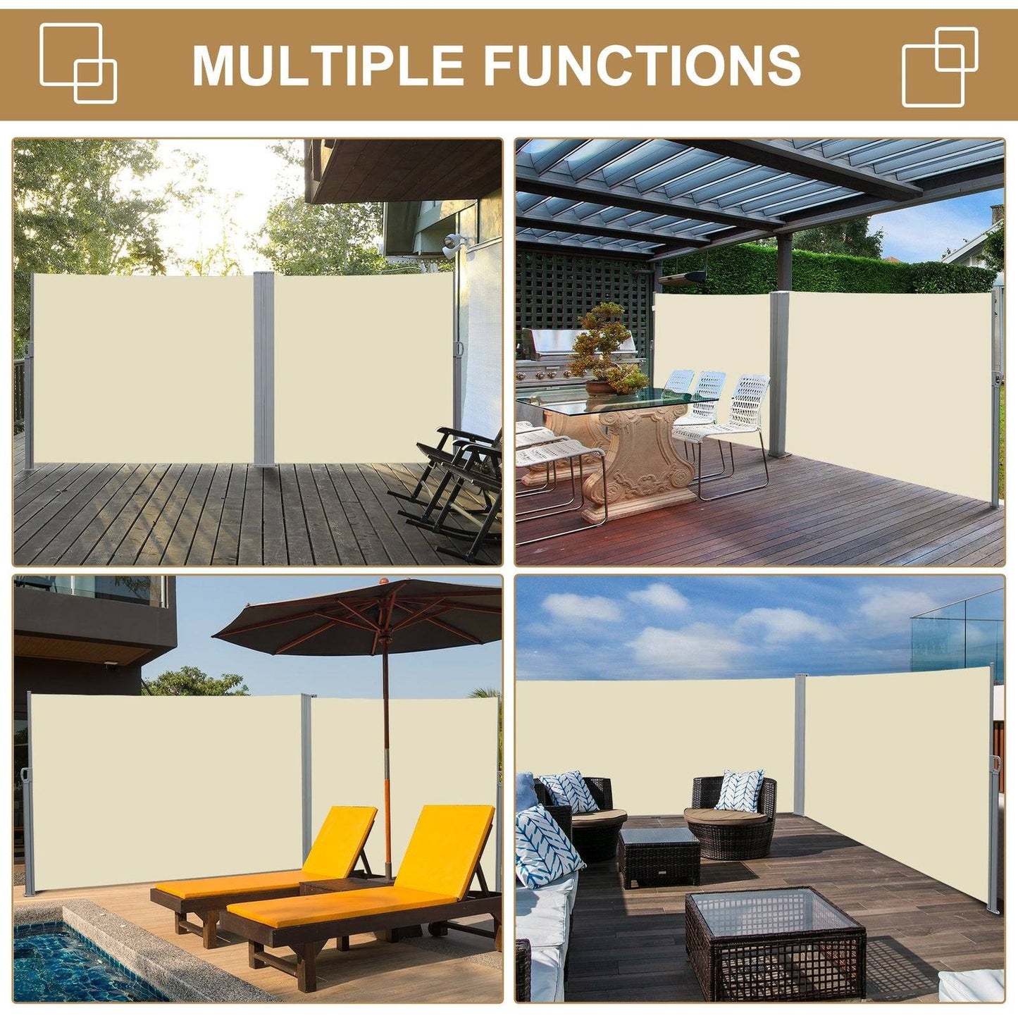 Retractable Sun Side Awning Screen Fence Patio Garden Wall Balcony Screening Panel Outdoor Blind Privacy Divider 3x1.8M
