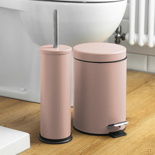 Matt Pink Round Stainless Steel Toilet Brush & Bin Set