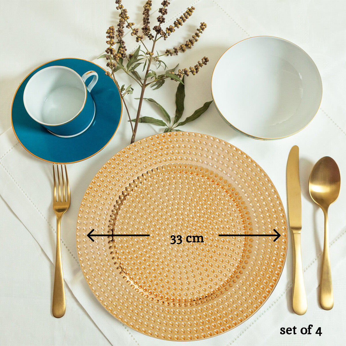 Set of Four 33cm Dia Gold Finish Hammered Charger Plates