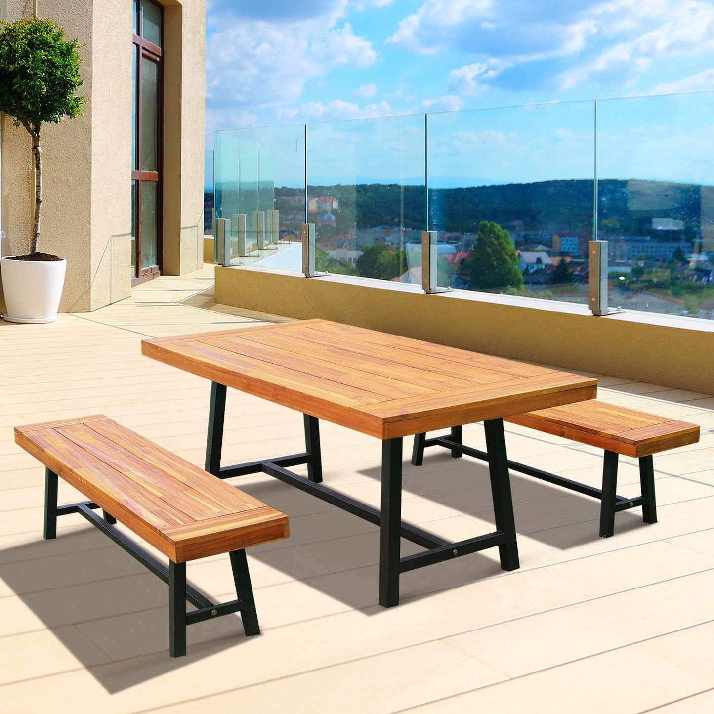 Garden 3-Pieces Acacia Wood Picnic Table and 2 Benches Set Dining Trestle Beer Table Patio Outdoor Indoor Furniture