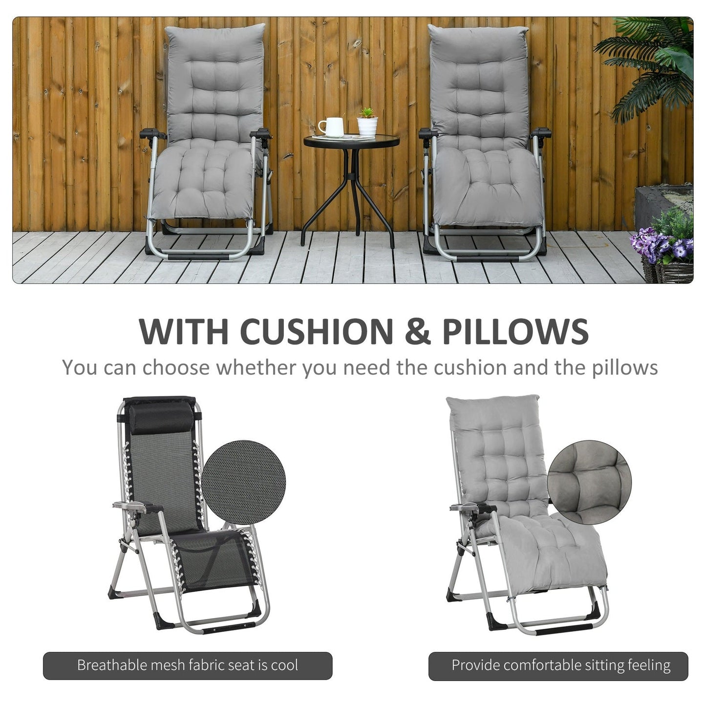 2-Piece Reclining Zero Gravity Chair Metal Frame Folding Garden Sun Lounger with Cushion Headrest Light Grey