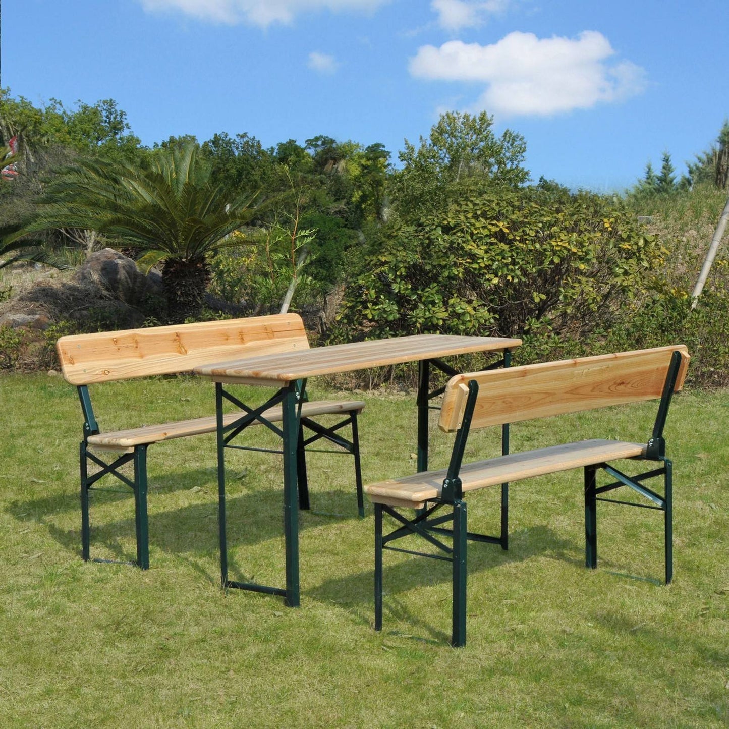 Portable Folding Camping Picnic Trestle Beer Table and 2 Bench Set Wooden Garden Furniture Patio Dining Party BBQ Chairs Stools