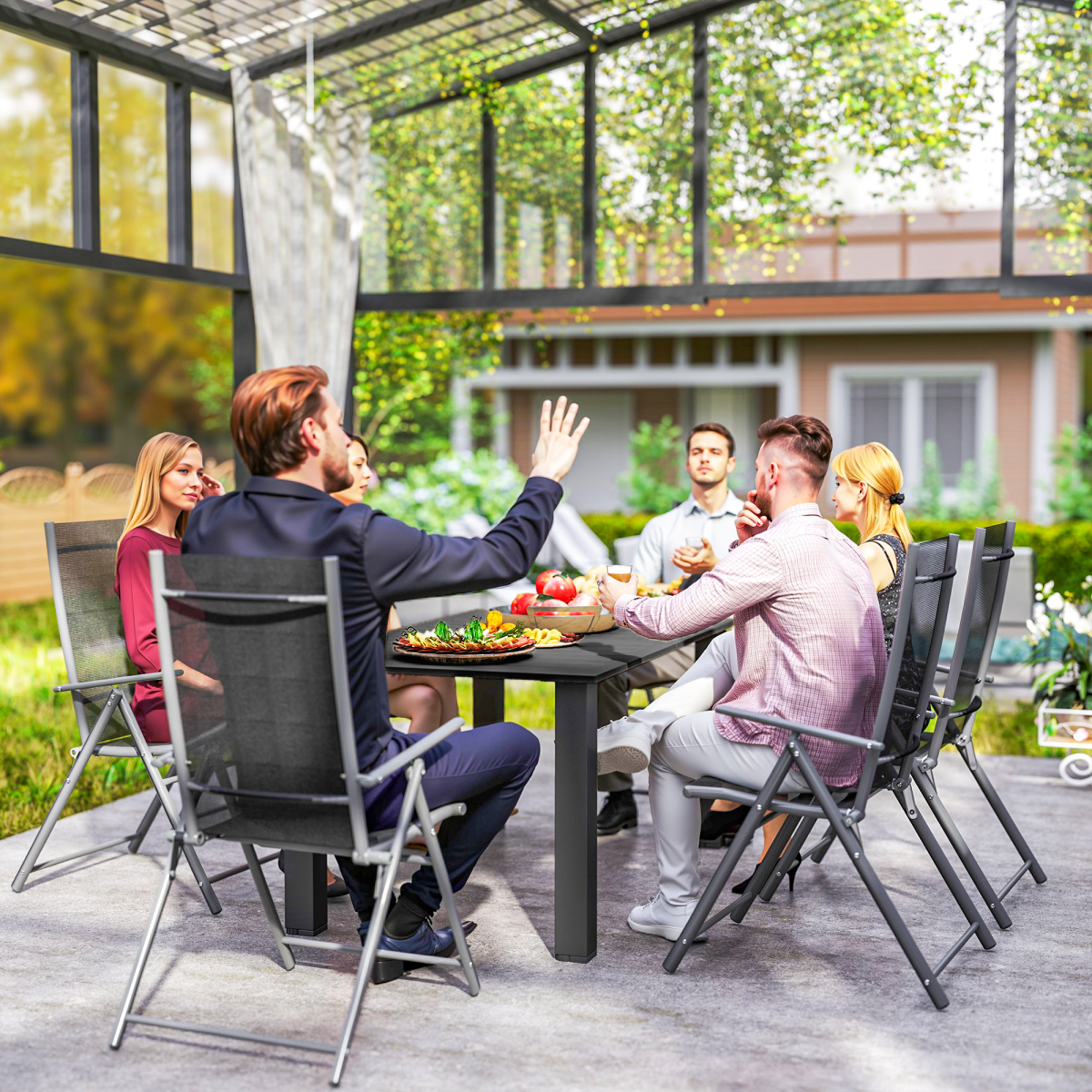 Outsunny Garden Table with Parasol Hole, Slatted Metal Tabletop, Black