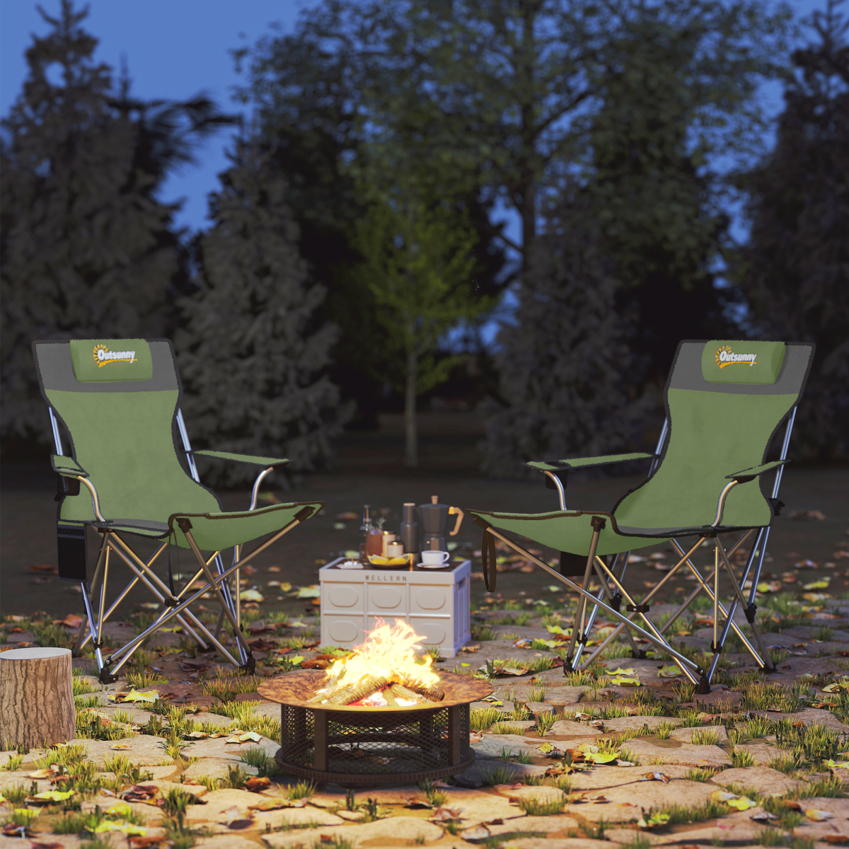 Outsunny Set of 2 Reclining Camping Chairs, Olive Green and Grey