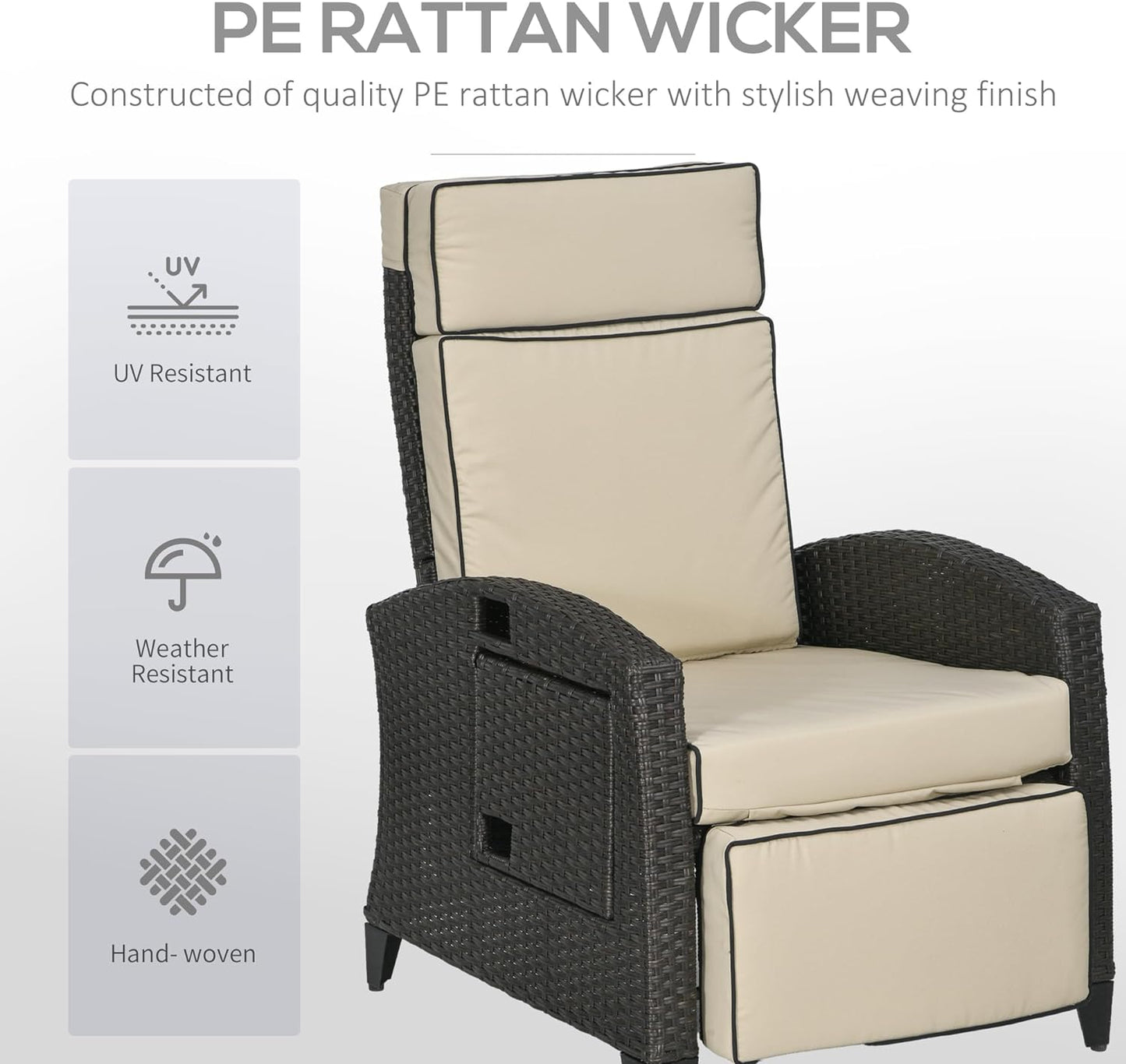 Outsunny Outdoor Recliner Chair with Cushion Rattan Reclining Lounge Chair