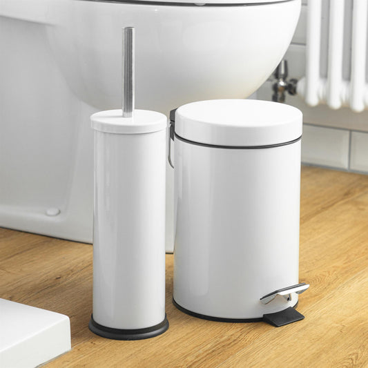 White Round Stainless Steel Toilet Brush & Bin Set