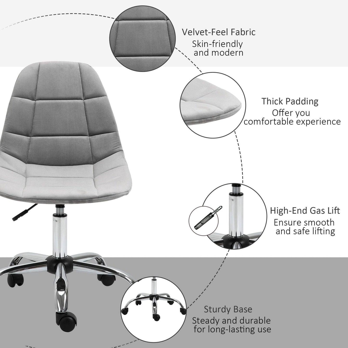 Ergonomic Office Chair Velvet Computer Home Study Chair Armless With Wheels Grey