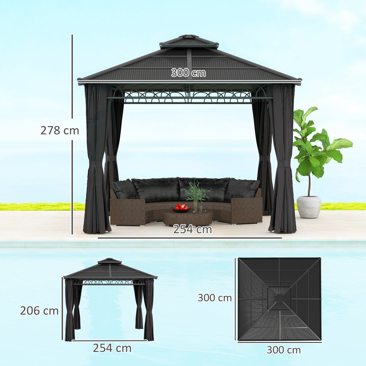 Outsunny 3 x 3 (m) Double Roof Hard Top Gazebo w/Nettings, Dark Grey