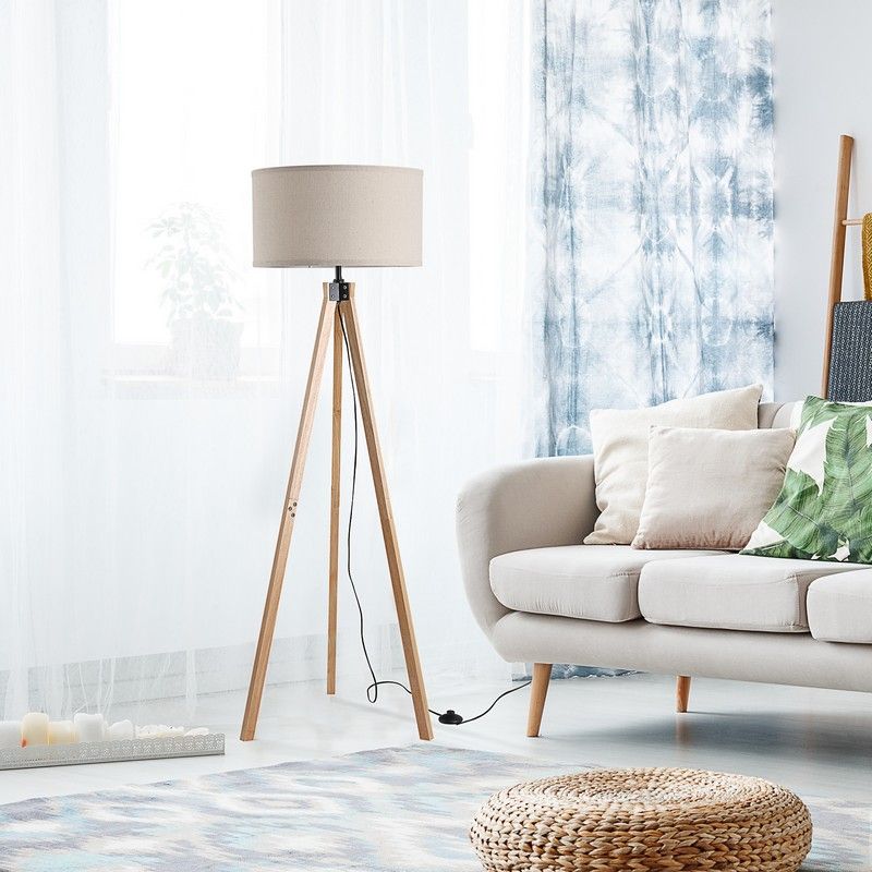 5Ft Elegant Wood Tripod Floor Lamp Free Standing E27 Bulb Lamp Versatile Use For Home Office - Beige