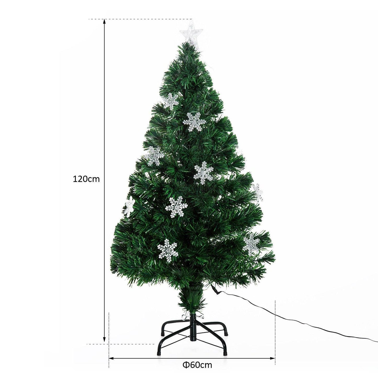 Homcom 4FT Green Fibre Optic Artificial Christmas Tree Xmas Colourful LED Scattered Tree with Snowflakes Ornaments Fireproofing