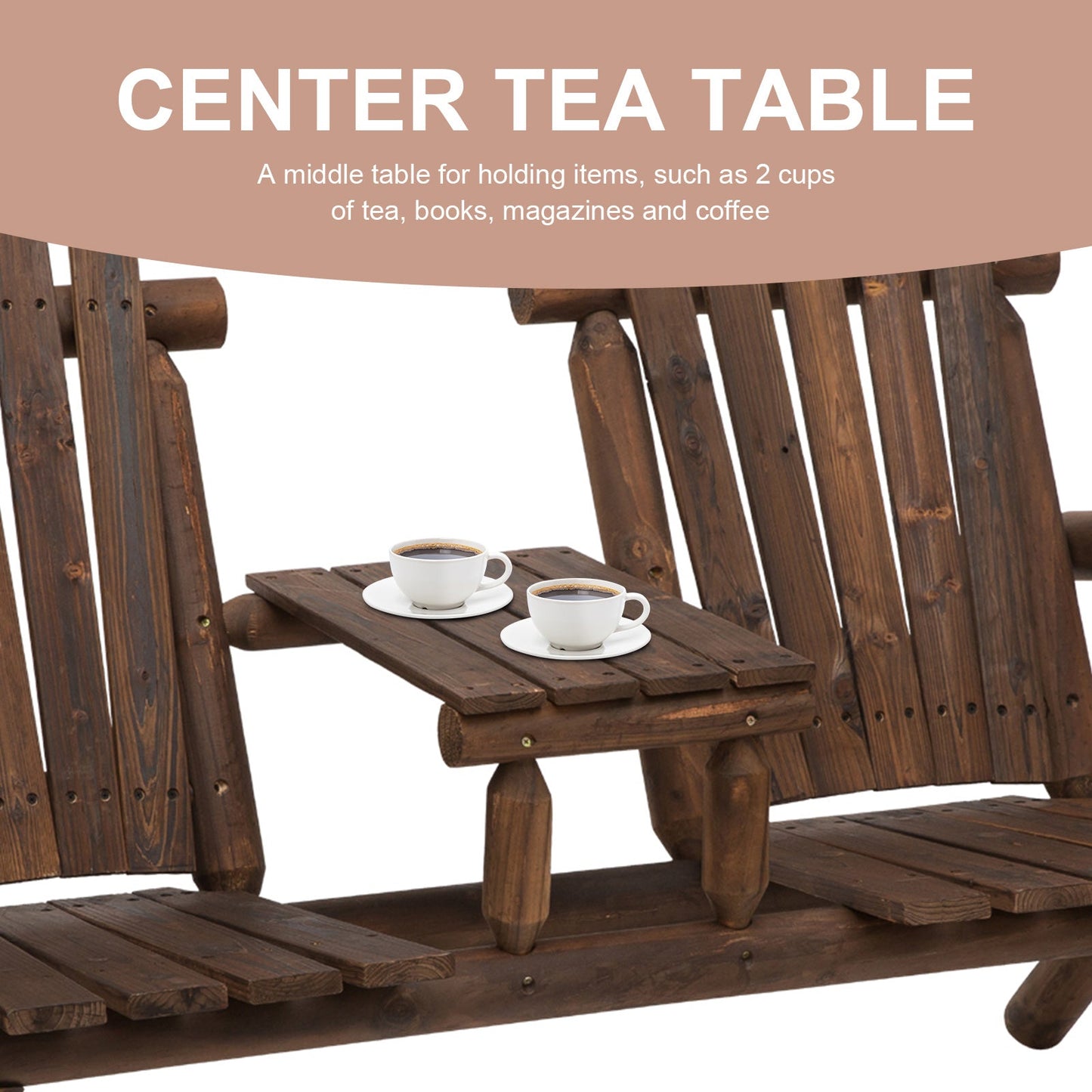 Solid Wood Patio Chair Bench 2 Seat Jack and Jill Seat w/ Center Coffee Table