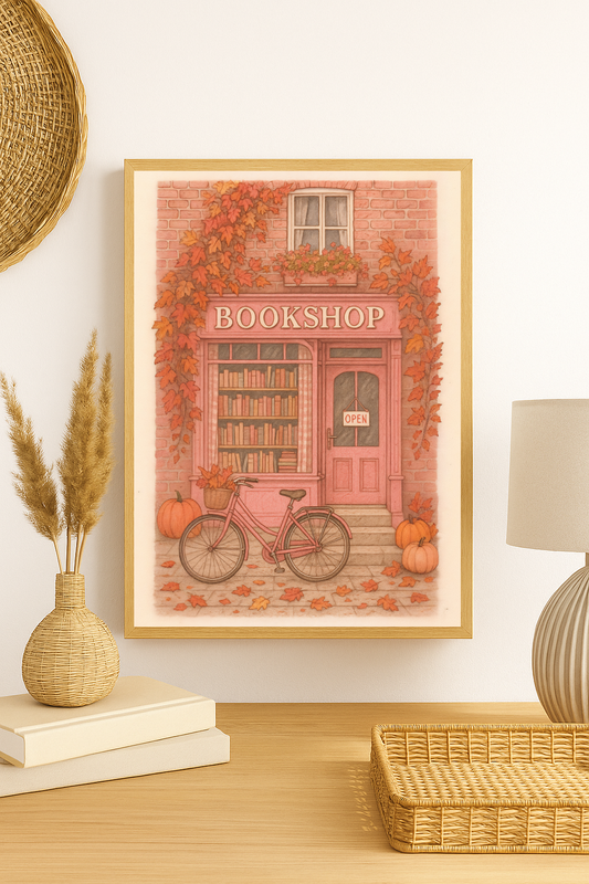 Autumn Bookshop Wall Art – Cozy Fall Print with Bicycle, Pumpkins & Leaves