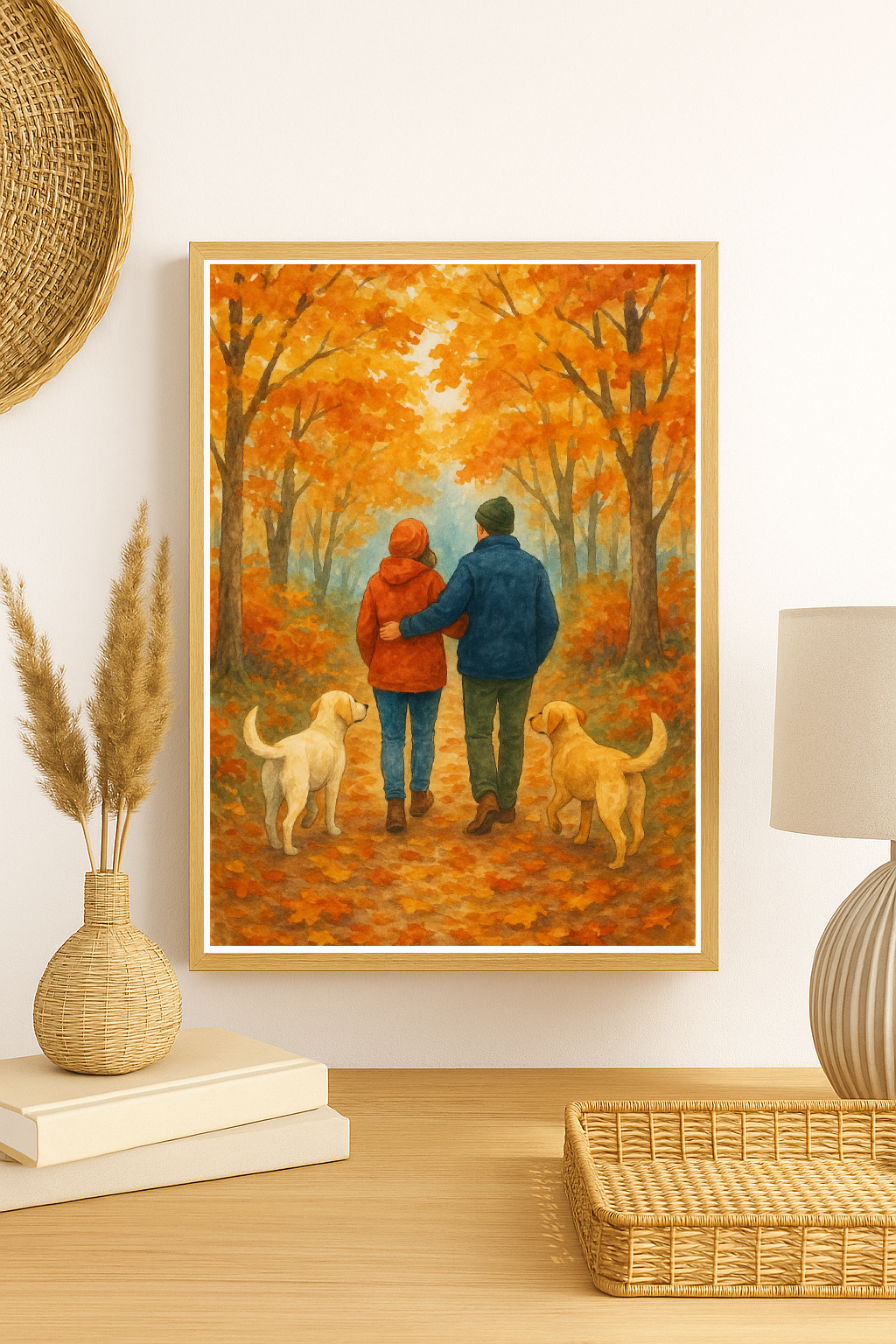 Autumn Couple Walking with Dogs Wall Art – Cozy Fall Forest Path Print
