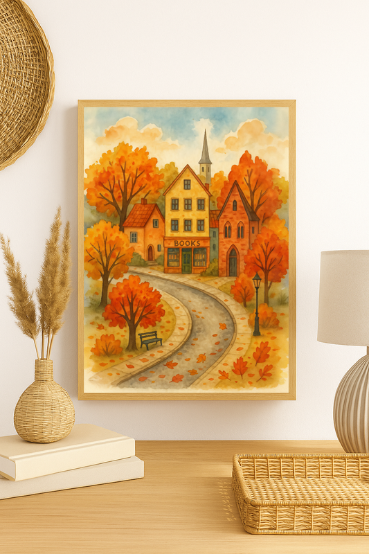 Autumn Village Street Wall Art – Cozy Fall Bookshop Print with Colorful Leaves