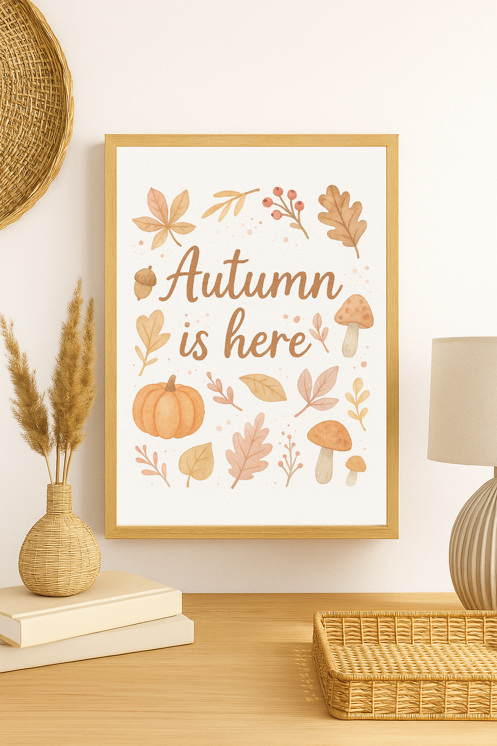 Autumn is Here – Cosy Seasonal Fall Leaves & Pumpkin Wall Art Print