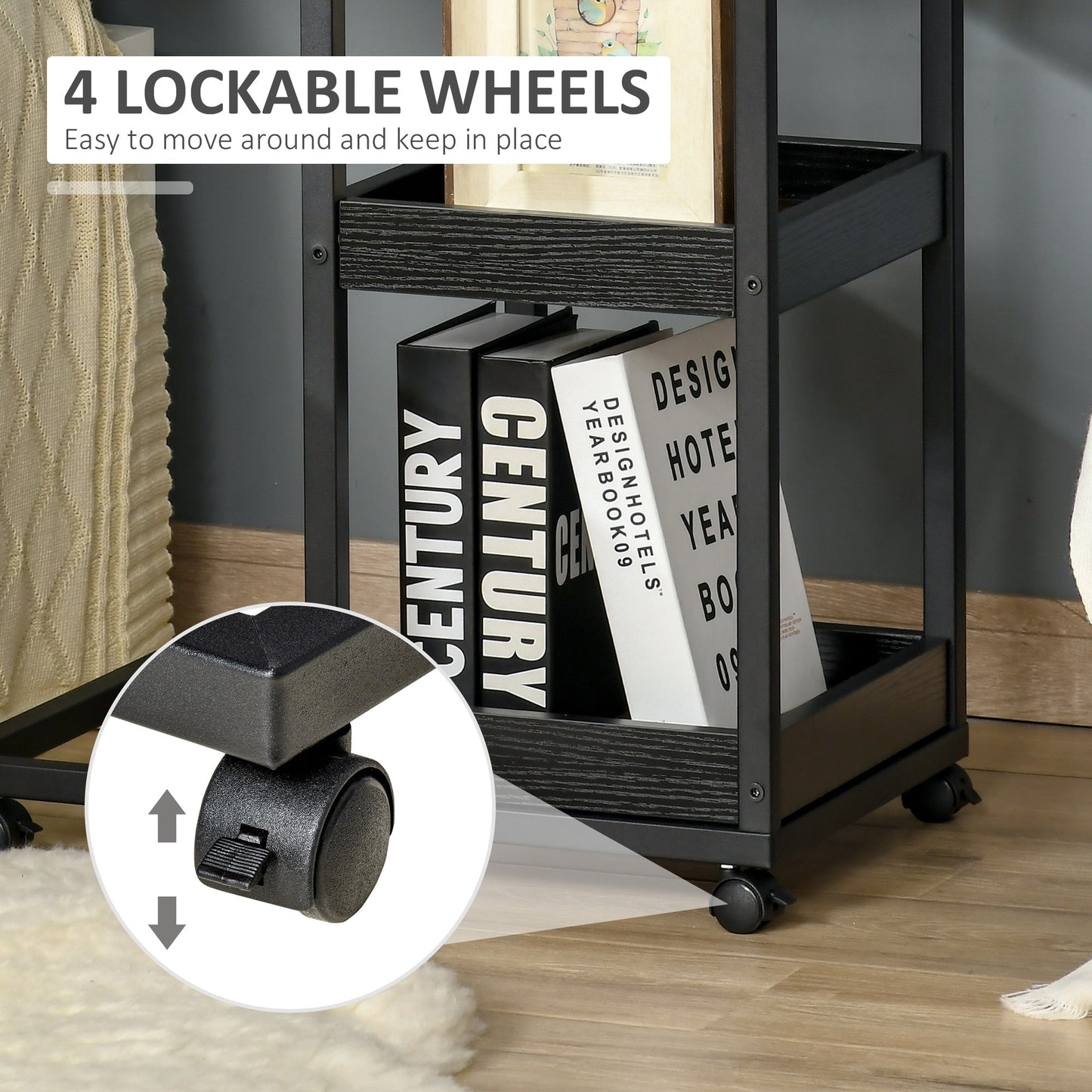 Industrial Mobile Sofa Side Table C Shaped Rolling Couch Table With 3 Tier Storage Shelving Four Lockable Wheels Steel Frame Brown