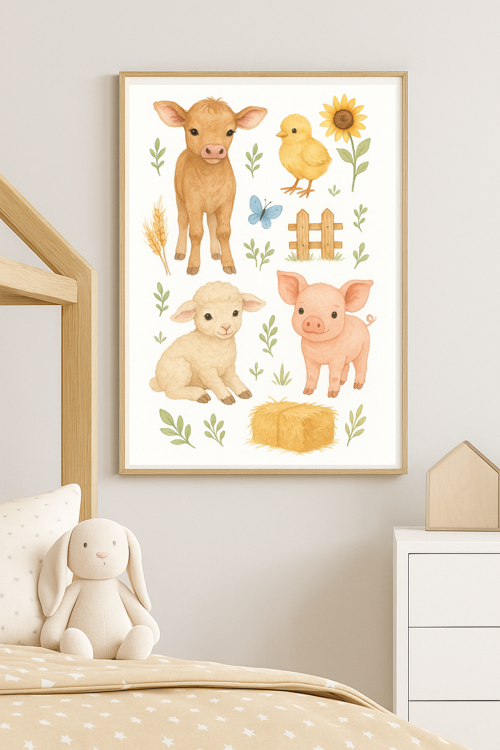 Baby Farm Animals Wall Art – Calf, Piglet & Lamb Watercolour Print for Nursery