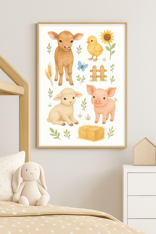 Baby Farm Animals Wall Art – Calf, Piglet & Lamb Watercolour Print for Nursery