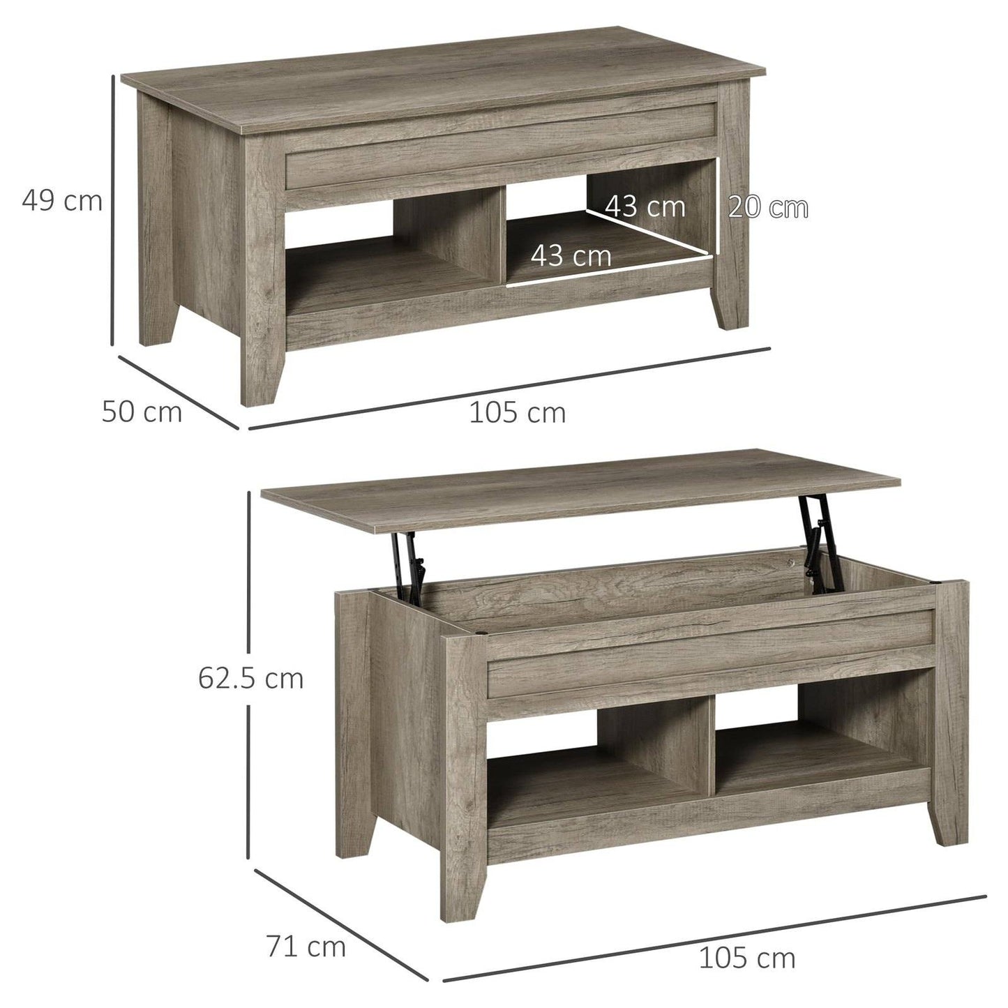 Lift Top Coffee Table w/ Hidden Storage Compartment Open Shelves Lift Tabletop Pop Up Centre Table for Living Room Oak Effect
