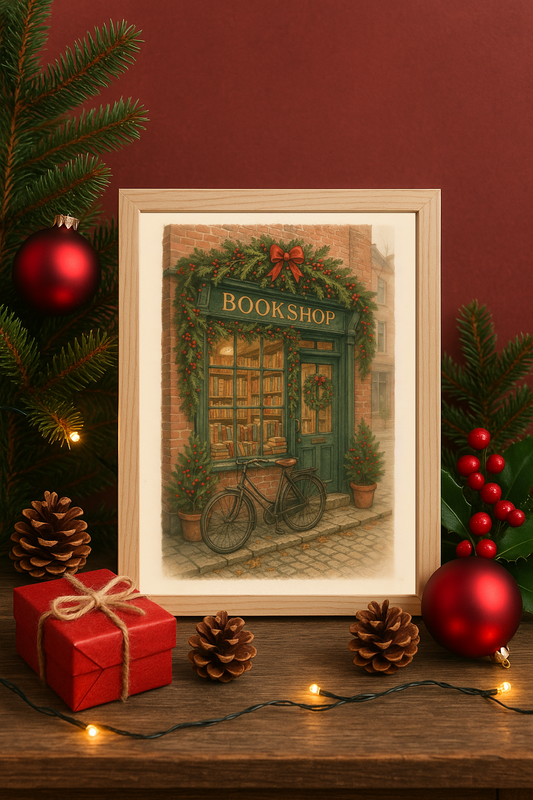 Christmas Traditional Bookshop Wall Art – Vintage Holiday Storefront with Bicycle Print