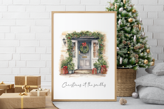 Personalised Christmas At Surname Grey Blue Front Door Winter Christmas Seasonal Wall Home Decor Print
